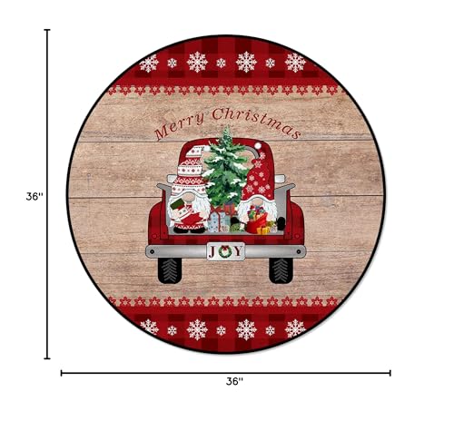 OUR DREAMS Christmas Round Area Rugs Children Crawling Mat Non-Slip Mat, Truck Xmas Gnomes on The Wooden Board Residential Carpet for Living Dining Room Kitchen Rugs Decor, 3Ft(36In)