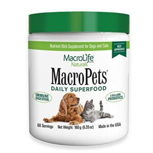 MacroLife Naturals MacroPets Greens Superfood Supplement Powder Topper for Dog Cat Small Mammal, Natural Nutrition Boost Probiotics Digestive Enzymes Vitamin E - Immune Gut Health & Energy - 6.35oz