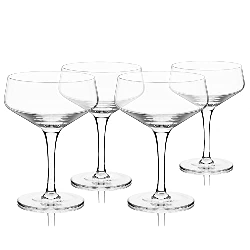 Viski Raye Angled Stemmed Crystal Coupe Cocktail glassess, Champagne Coupe Glasses, Drinkware Set, Espresso Martini glasses set of 4, 7oz