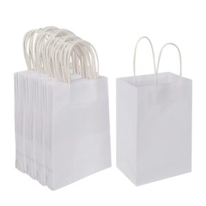 oikss 100 pack 5.25x3.25x8.25 inch small kraft bags with handles bulk, paper bags birthday wedding party favors grocery retail shopping business goody craft gift bags cub sacks (white 100pcs count)