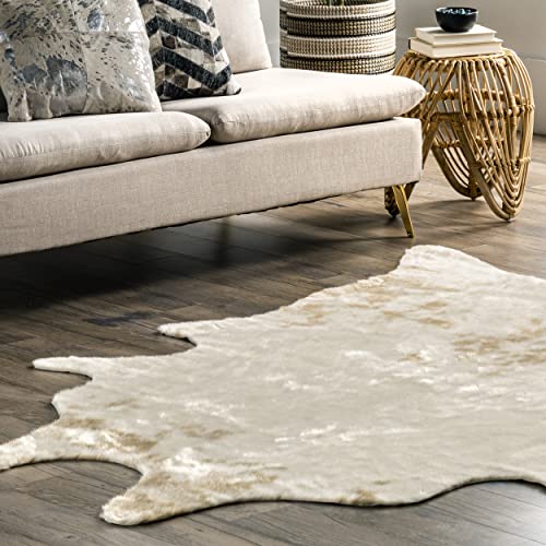 nuLOOM Marcia Machine Washable Faux Cowhide Area Rug, Shaped 5x7, Off-White