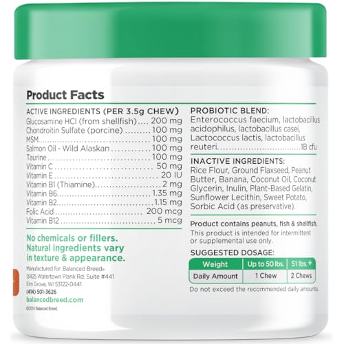 Balanced Breed All-in-1 Dog Vitamins Supplements Made in USA Non-GMO Vet-Pharmacist Approved Dog Multivitamin Probiotics Glucosamine Salmon Oil Skin Coat Supplement Dogs Senior & Adult Immune Support