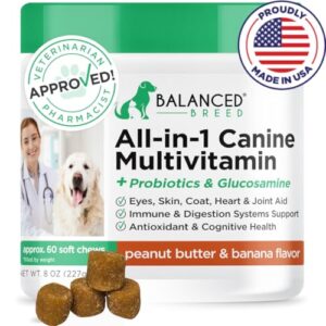 balanced breed all-in-1 dog vitamins supplements made in usa non-gmo vet-pharmacist approved dog multivitamin probiotics glucosamine salmon oil skin coat supplement dogs senior & adult immune support