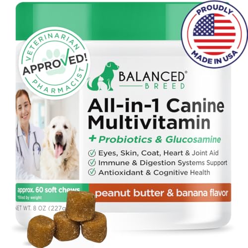 Balanced Breed All-in-1 Dog Vitamins Supplements Made in USA Non-GMO Vet-Pharmacist Approved Dog Multivitamin Probiotics Glucosamine Salmon Oil Skin Coat Supplement Dogs Senior & Adult Immune Support