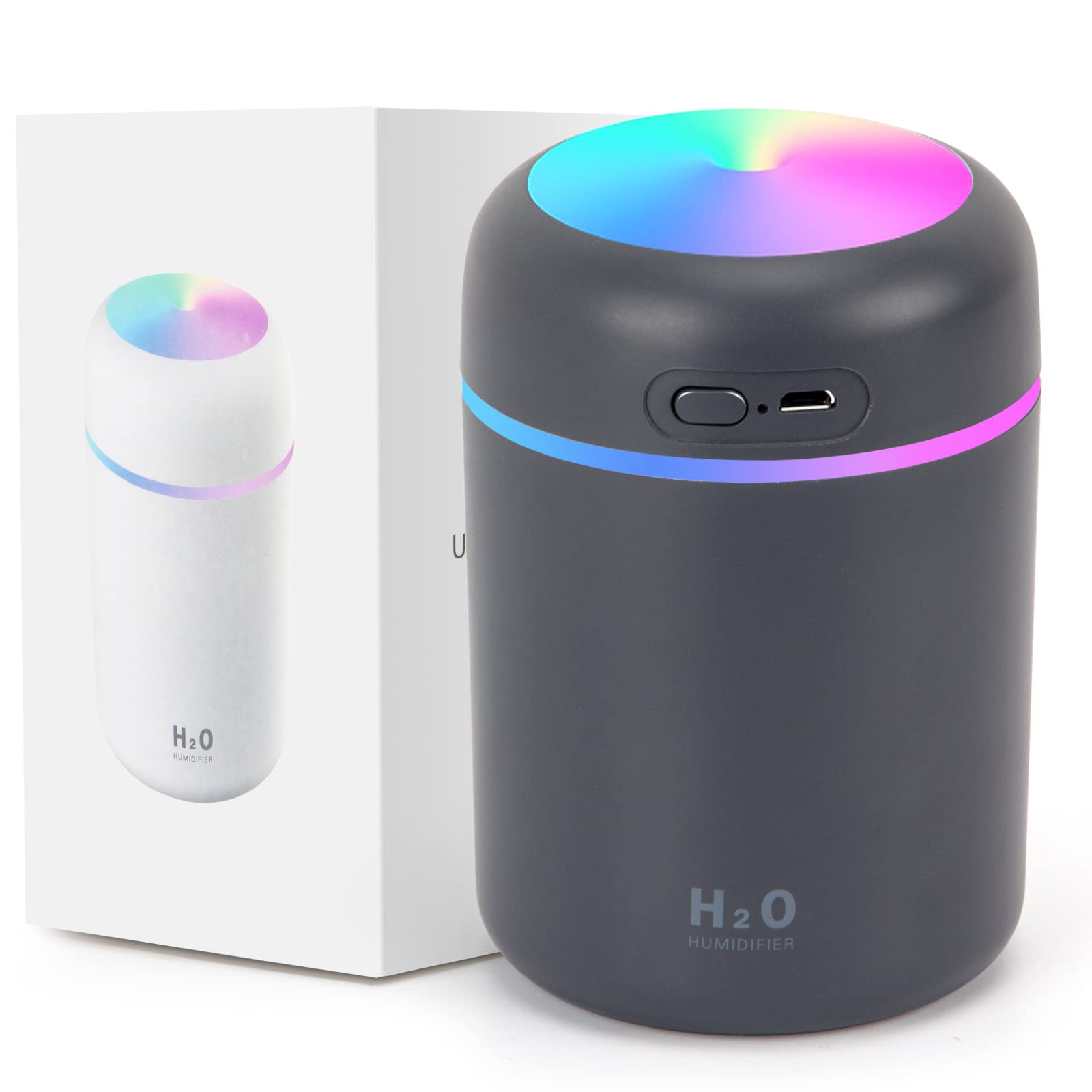 Colorful Cool Mini Humidifiers with LED Night Light, USB 300ml Mist Humidifiers for Car Office Room Bedroom, 26db Quiet Ultrasonic Humidifiers, Portable Diffuser for Essential Oils Gray