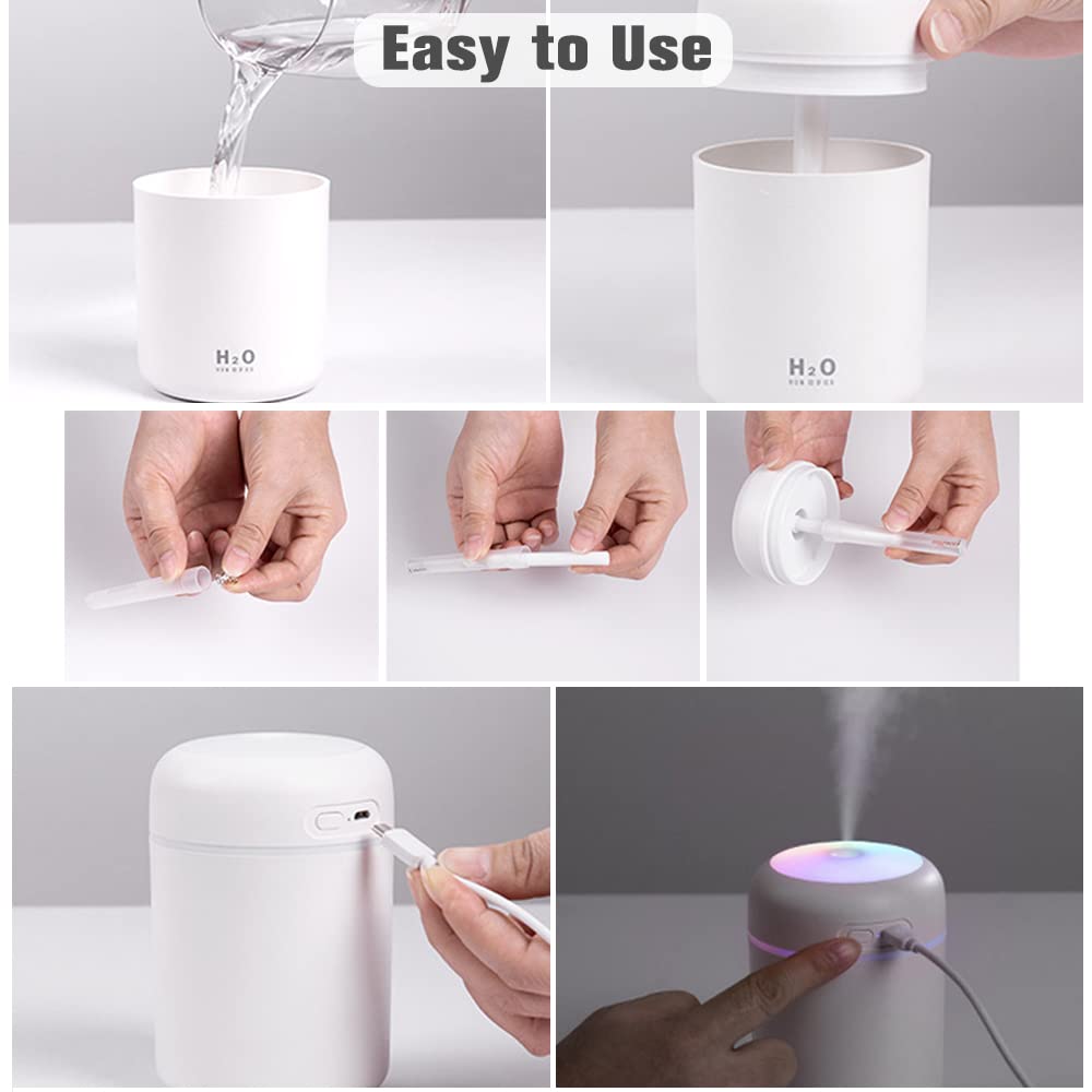 Colorful Cool Mini Humidifiers with LED Night Light, USB 300ml Mist Humidifiers for Car Office Room Bedroom, 26db Quiet Ultrasonic Humidifiers, Portable Diffuser for Essential Oils Gray