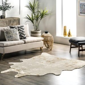 nuloom marcia machine washable faux cowhide area rug, shaped 5x7, off-white