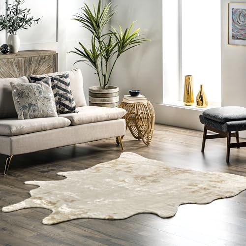 nuLOOM Marcia Machine Washable Faux Cowhide Area Rug, Shaped 5x7, Off-White