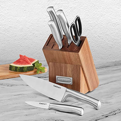 Cuisinart C77SS-7P Stainless Steel 7-Piece Prep Knife Set Acacia Block Precision Cut Blades, Ergonomic Handles