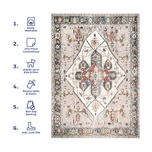 nuLOOM Mali Machine Washable Traditional Medallion Ultra Thin Area Rug, 8' x 10', Ivory