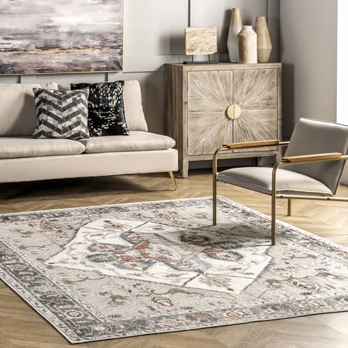 nuLOOM Mali Machine Washable Traditional Medallion Ultra Thin Area Rug, 8' x 10', Ivory