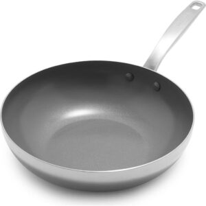 greenpan chatham tri-ply stainless steel healthy ceramic nonstick 11" wok pan, pfas-free, multi clad, induction, dishwasher safe, oven safe, silver