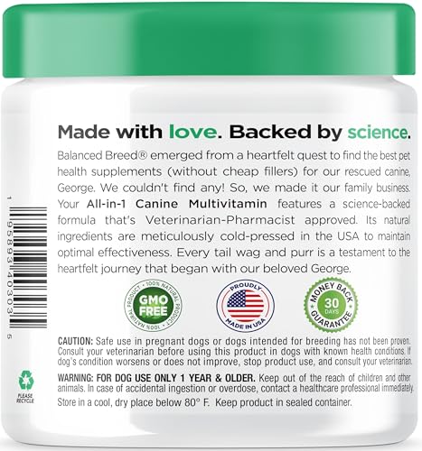 Balanced Breed All-in-1 Dog Vitamins Supplements Made in USA Non-GMO Vet-Pharmacist Approved Dog Multivitamin Probiotics Glucosamine Salmon Oil Skin Coat Supplement Dogs Senior & Adult Immune Support