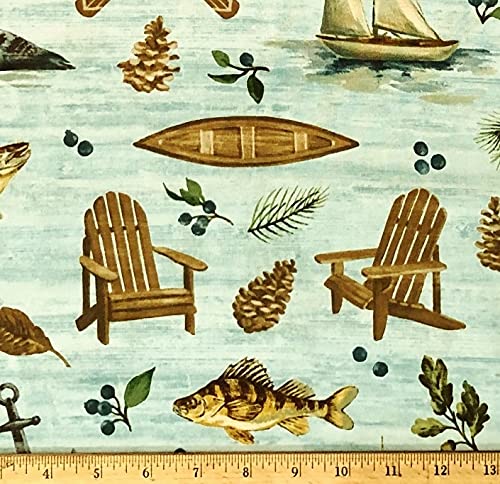 1/2 Yard - Duck Canoe Camping Fishing on Blue Lake Cotton Fabric (Great for Quilting, Sewing, Craft Projects, Throw Pillows & More) 1/2 Yard x 44"