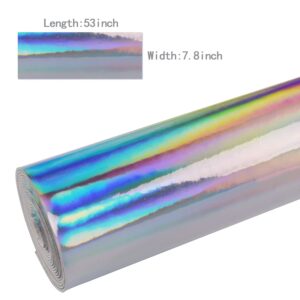 HGUAN 7.8"x53" Holographic Vinyl Fabric,1roll Faux Leather Sheets are Suitable for Bows,Leather Earrings and Other DIY Craft Items (Silver)