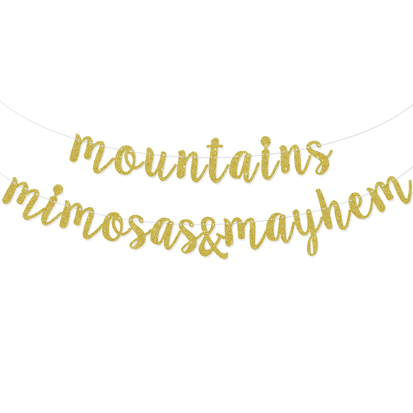 Mountains, Mimosas and Mayhem Banner, Cabin Bachelorette Party Decorations Supplies, Camping Bridal Shower Bunting Garland, Pre-Strung, Gold Glitter