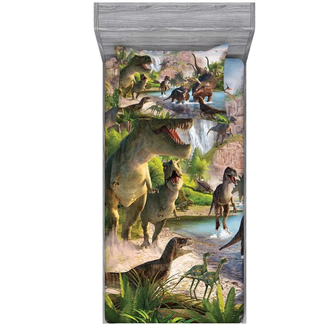 NiuOne Dinosaurs Bed Sheets Twin for Boys,3D Realistic Dinosaur Green Fitted Sheets Set Ancient Jungle Dinosaur Bed Sheet Kids Soft Microfiber Bedding Sheets Set,Twin Size(2pc)