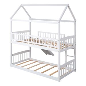 House Bunk Beds with Slide Twin Over Twin Floor Bunk Bed Frame Wood Playhouse Bunkbed with Storage for Kids Toddlers Girls/Boys, White