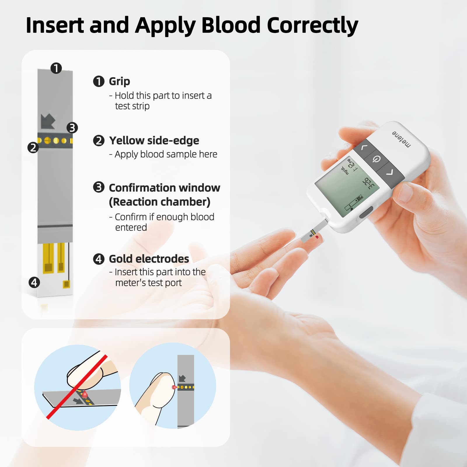 Metene AGM-513S Test Strips for Diabetes, 100 Count Blood Glucose Test Strips, Use with Metene AGM-513S Blood Glucose Monitoring System Only (No Monitor)