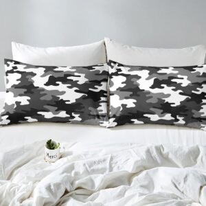 Army Camo Bedding Set, Black and Gray Military Style Camouflage Comforter Cover for Adult Boys Teens Abstract Art Pixel Design Duvet Cover, Soft Microfiber Durable Bedding Collection, Full Size