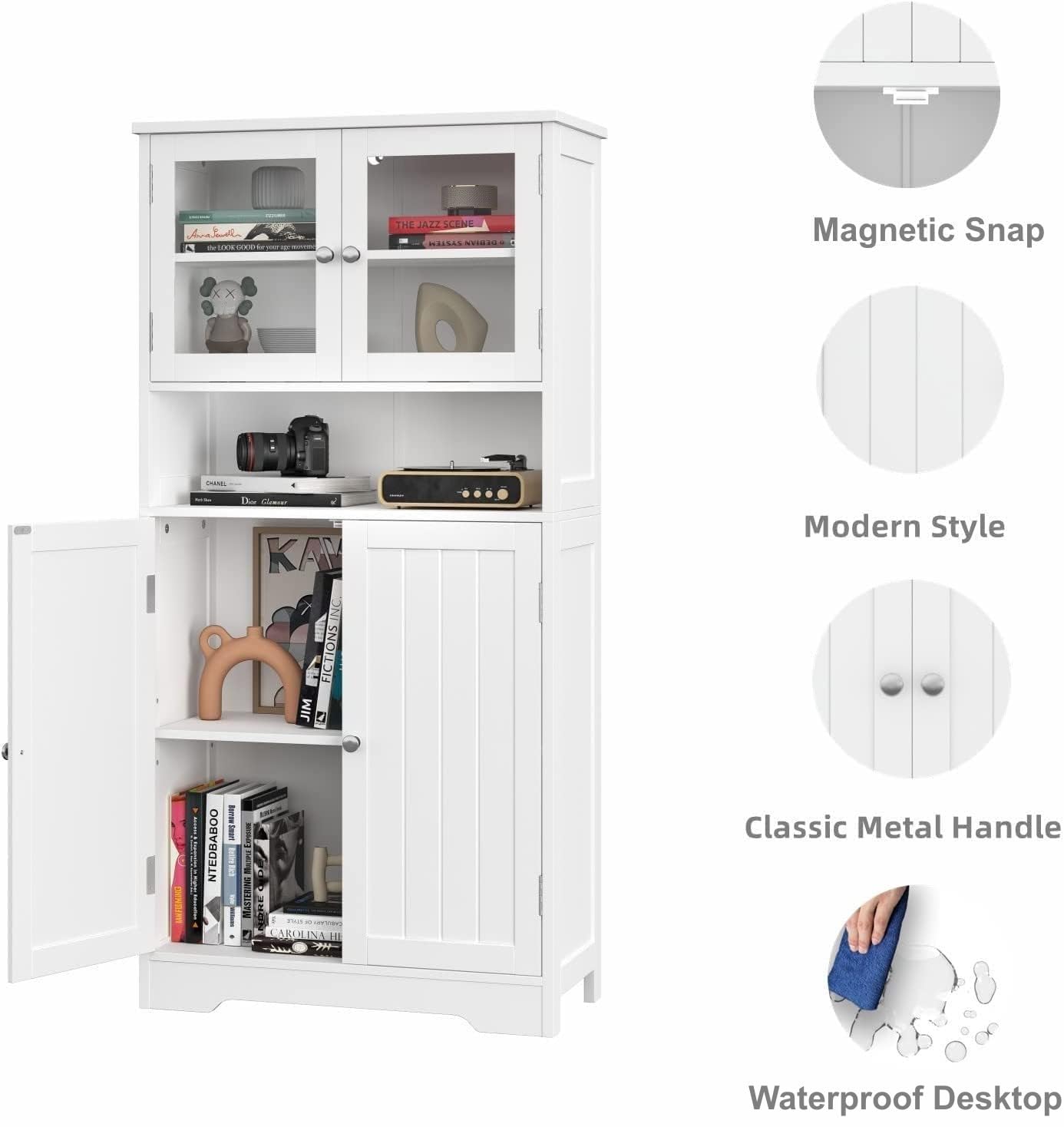 Irontar Bathroom Cabinet, Bathroom Floor Cabinet with Open Shelf, Large Display Cabinet with Doors, Kitchen Cupboard, Storage Cabinet for Living Room, 23.6 x 11.8 x 50.4 Inches White CWG006W