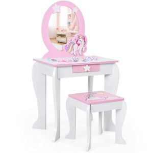 costzon kids vanity set with mirror, 2 in 1 wooden princess makeup dressing table with detachable top, toddler girls vanity with drawer & stool, pretend play vanity set for little girls, white