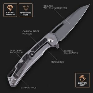 SHIELDON Barraskewda Folding Knife 3.74" Gray Titanium Coating D2 Steel Reverse Tanto Point Blade Stainless Steel and Carbon Fiber Handle Frame Lock Pocket Knife