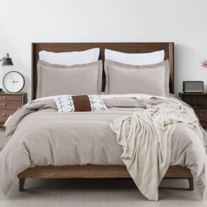 DAUAOTO Full Size Duvet Cover Set 82"X86", Washed Cotton Grayish Beige Neutral Bedding, Long Zipper Closure