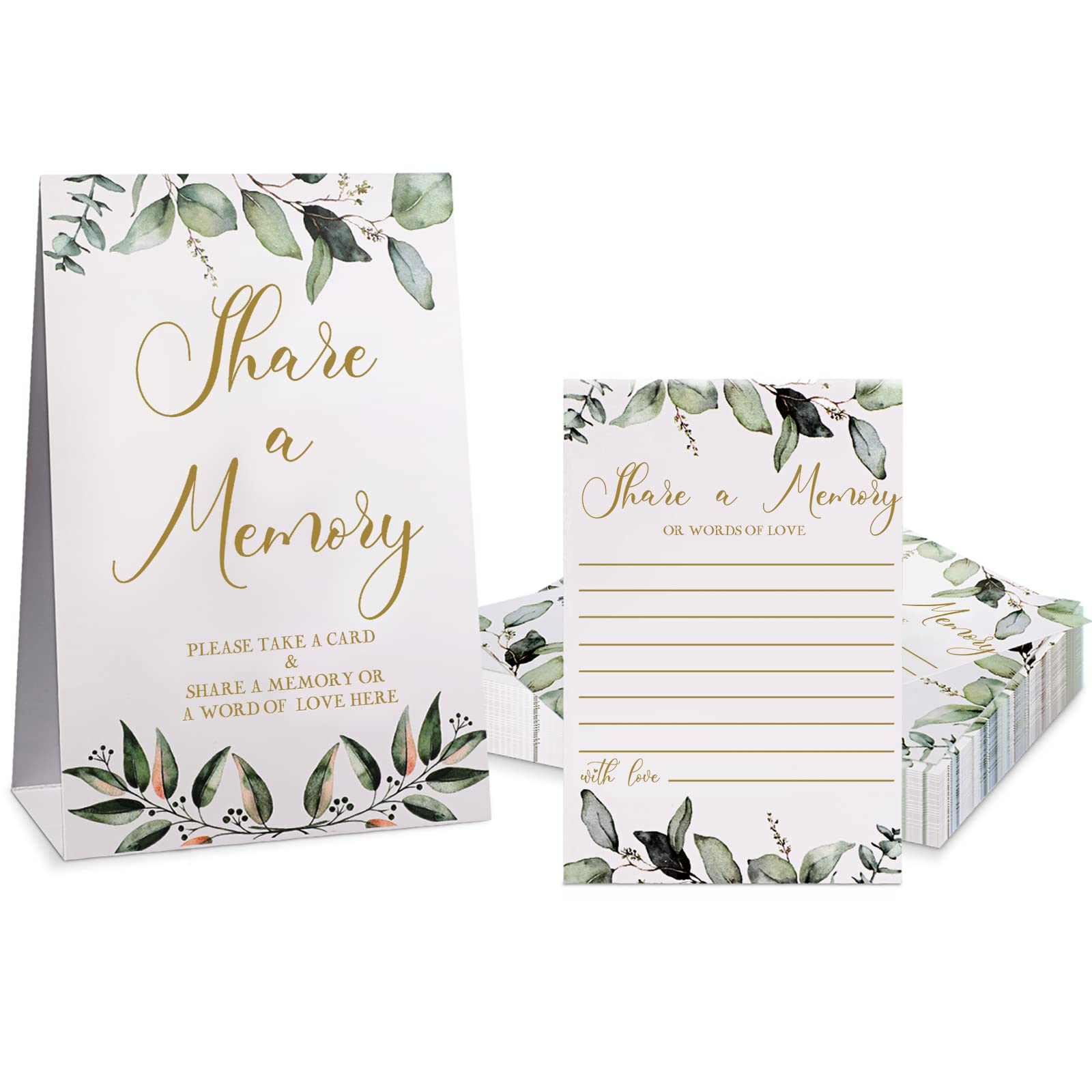 50 Pcs Share a Memory Cards and Greenery Place Cards Seating Place Cards Greenery Eucalyptus for Graduation, Wedding, Bridal Shower, Birthday Party, Celebration Anniversary, Funeral (Gold Font)