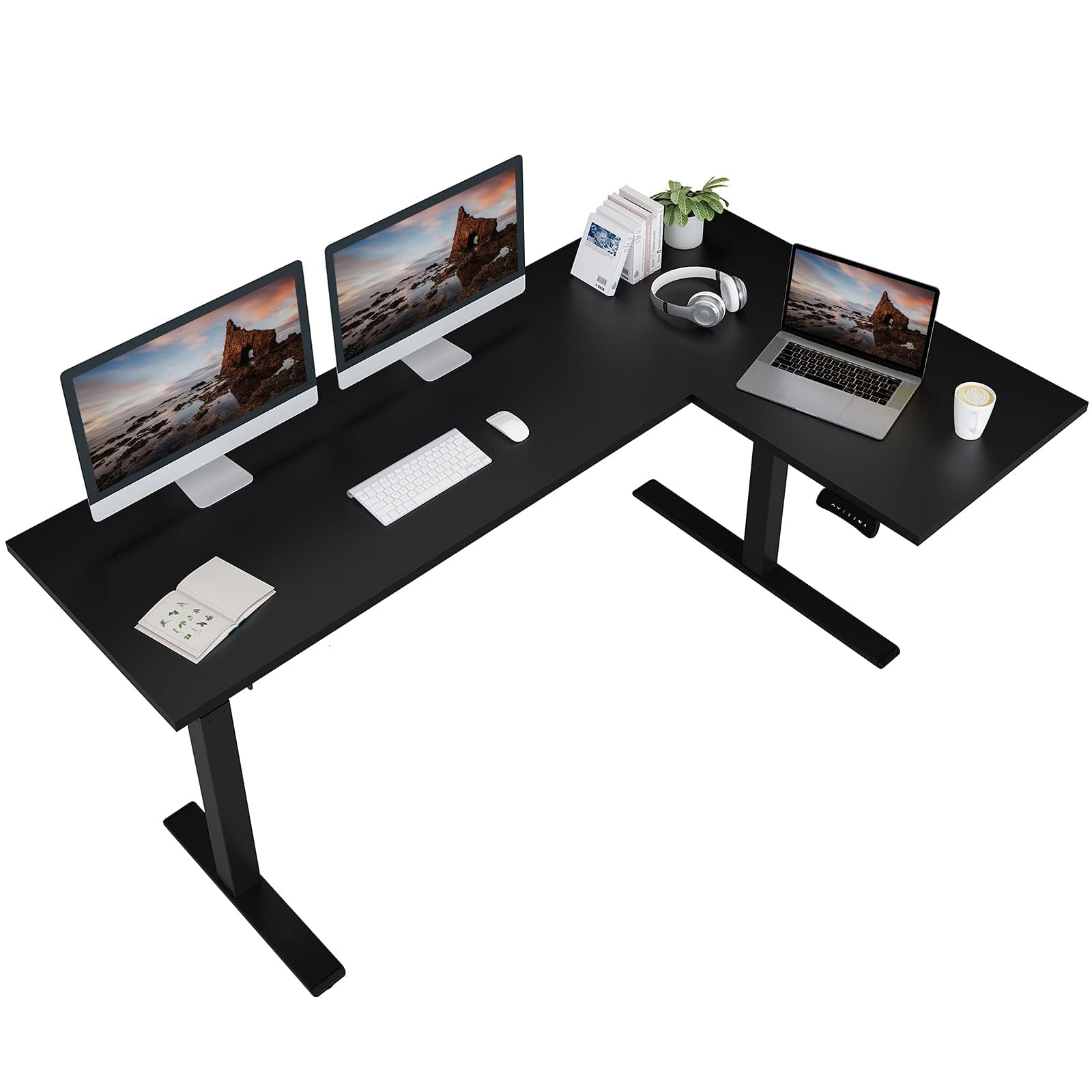 FLEXISPOT L Shaped Standing Desk 71 x 48 Inch Dual Motor Computer Electric Corner Desk Sit Stand Up Desk Height Adjustable Desk Home Office Table with Splice Board, Black