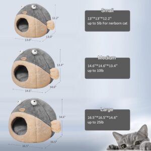 Cat Beds for Indoor Cats - Cat Bed Cave with Removable Washable Cushioned Pillow, Soft Plush Premium Cotton No Deformation Pet Bed, Lively Pufferfish Cat House Design, Grey, Multiple Sizes(M)