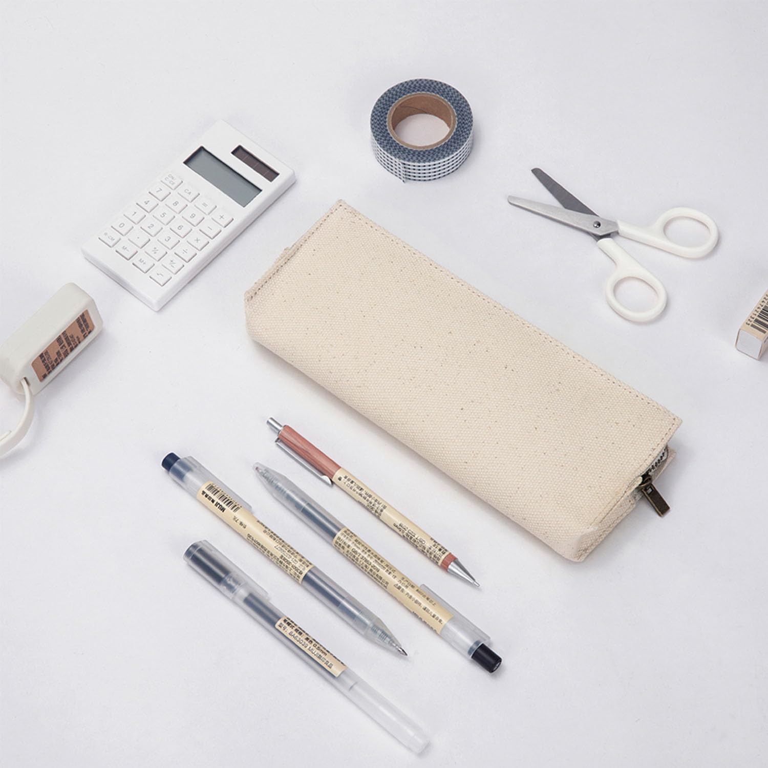 【YONBEN】Canvas pencil case cartucheras escolar pencilorganiz literary and fresh net red pencil bag (Beige, S)