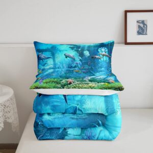 Erosebridal 3D Underwater World Bedding Set Beach Fish Sea Blue Comforter Set Queen Size, Shark Dolphin Duvet Filler for Kids Child, Jellyfish Starfish Quilted Duvet Tropical Sealife Bedroom Decor