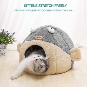 Cat Beds for Indoor Cats - Cat Bed Cave with Removable Washable Cushioned Pillow, Soft Plush Premium Cotton No Deformation Pet Bed, Lively Pufferfish Cat House Design, Grey, Multiple Sizes(M)