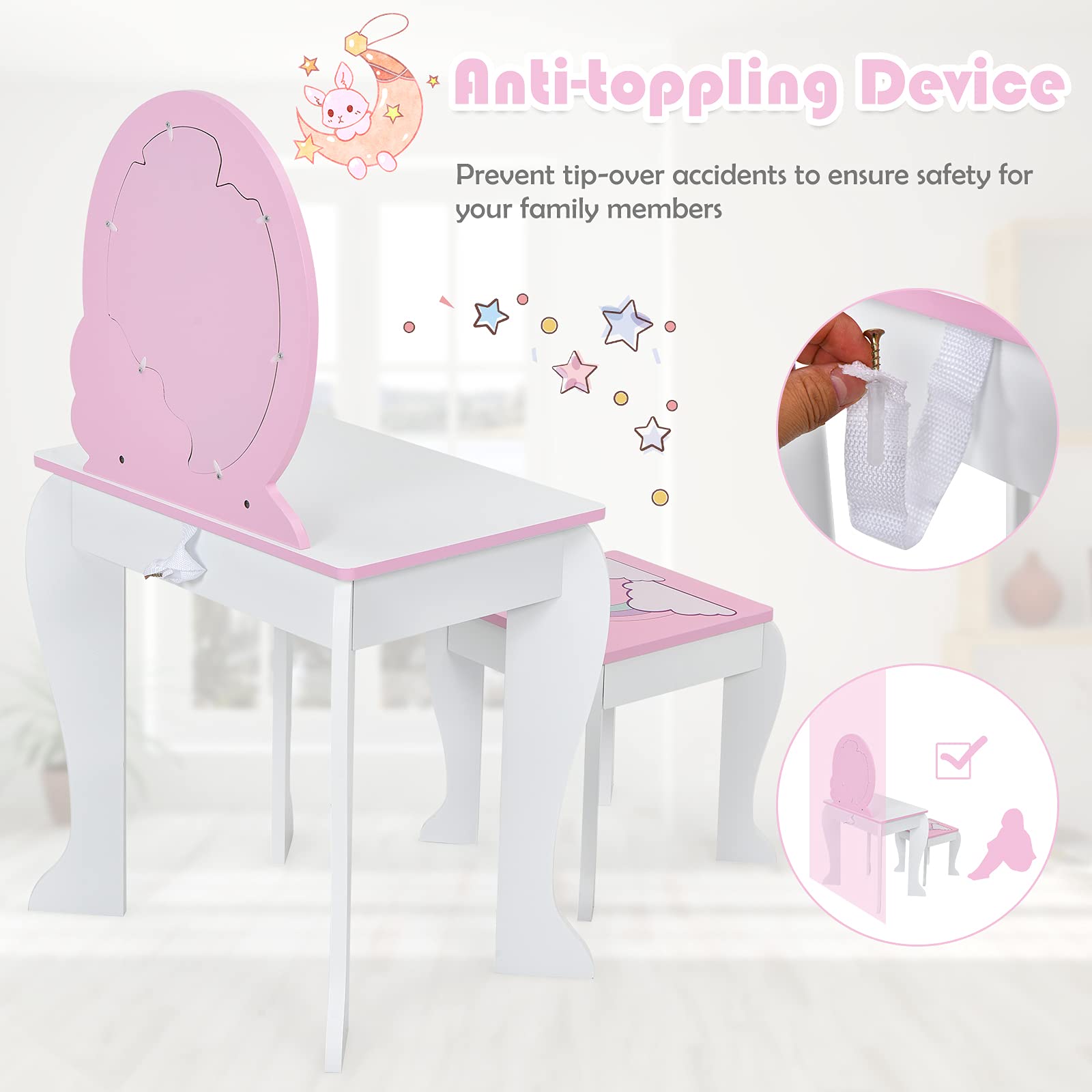 HONEY JOY Kids Vanity Set with Mirror, Wooden Princess Makeup Table and Stool Set, Detachable Mirror & Storage Drawer, Pretend Play Toddler Girl Vanity, Vanity for Little Girls (Unicorn White)