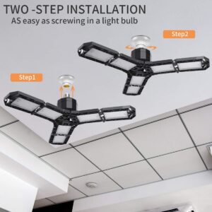 POLARPRA 120W LED Garage Lights 2Pack 12000LM Garage Lights Ceiling LED - 6500K Deformable Garage Lighting Led E26/E27 Screw in LED Lights with 6 Adjustable Led Panels for Workshop Warehouse Attic