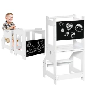 qaba kids kitchen step stool, 2 in 1 kitchen table set toddler standing tower with chalkboard, safety rail for kitchen, bathroom, bedroom, white