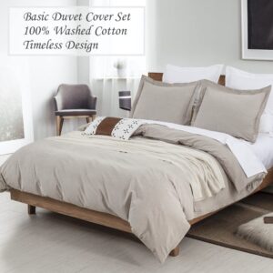 DAUAOTO Full Size Duvet Cover Set 82"X86", Washed Cotton Grayish Beige Neutral Bedding, Long Zipper Closure