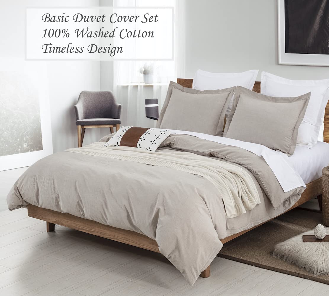 DAUAOTO Full Size Duvet Cover Set 82"X86", Washed Cotton Grayish Beige Neutral Bedding, Long Zipper Closure