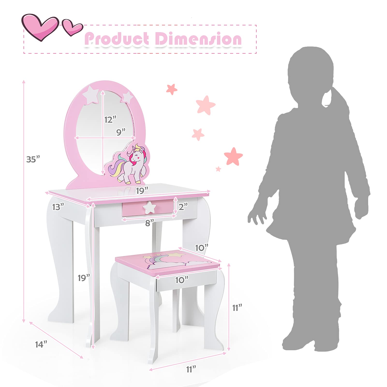 HONEY JOY Kids Vanity Set with Mirror, Wooden Princess Makeup Table and Stool Set, Detachable Mirror & Storage Drawer, Pretend Play Toddler Girl Vanity, Vanity for Little Girls (Unicorn White)