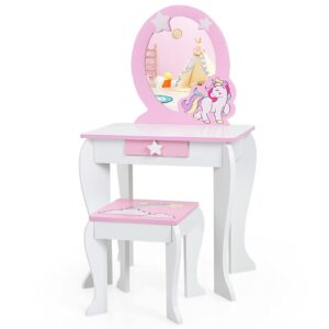 HONEY JOY Kids Vanity Set with Mirror, Wooden Princess Makeup Table and Stool Set, Detachable Mirror & Storage Drawer, Pretend Play Toddler Girl Vanity, Vanity for Little Girls (Unicorn White)