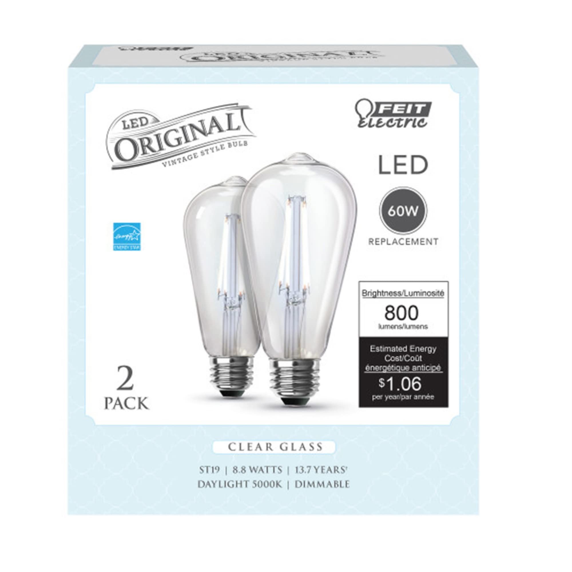 Feit Electric ST19 E26 (Medium) Filament LED Bulb Daylight 60 Watt Equivalence 2 pk - Case of: 1;