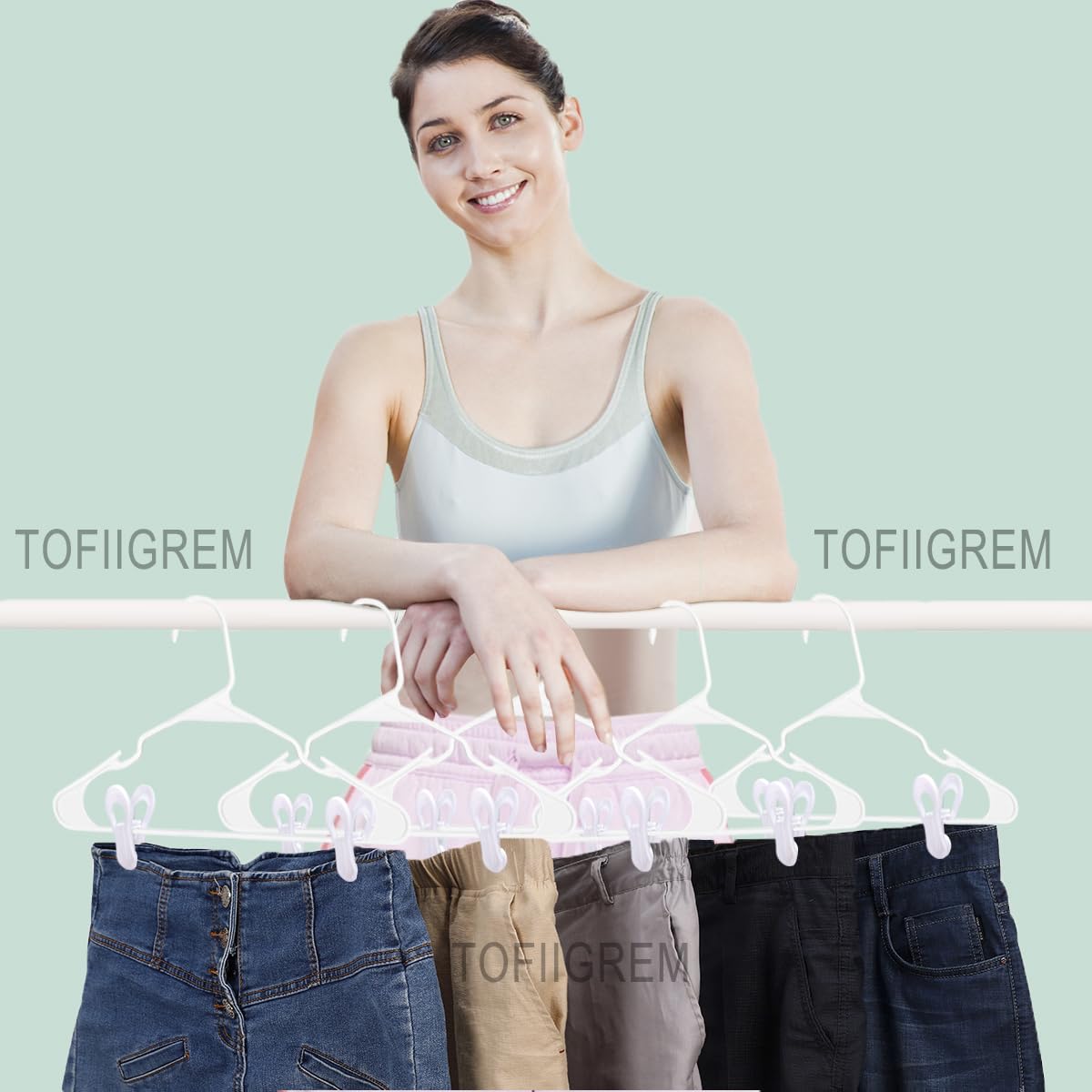 TOFIIGREM White Hanger Clips 50 Pack, Multi-Purpose Plastic Hangers Clips Perfect for Plastic Clothes Hangers, Clothes Pins Finger Clip for Skirt Pants Hangers