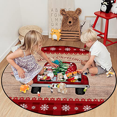 OUR DREAMS Christmas Round Area Rugs Children Crawling Mat Non-Slip Mat, Truck Xmas Gnomes on The Wooden Board Residential Carpet for Living Dining Room Kitchen Rugs Decor, 3Ft(36In)