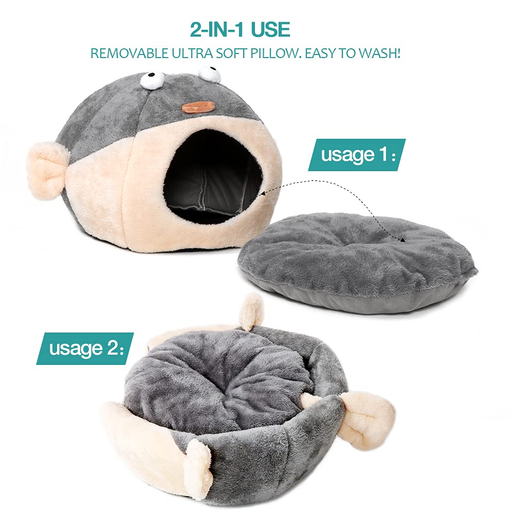 Cat Beds for Indoor Cats - Cat Bed Cave with Removable Washable Cushioned Pillow, Soft Plush Premium Cotton No Deformation Pet Bed, Lively Pufferfish Cat House Design, Grey, Multiple Sizes(M)