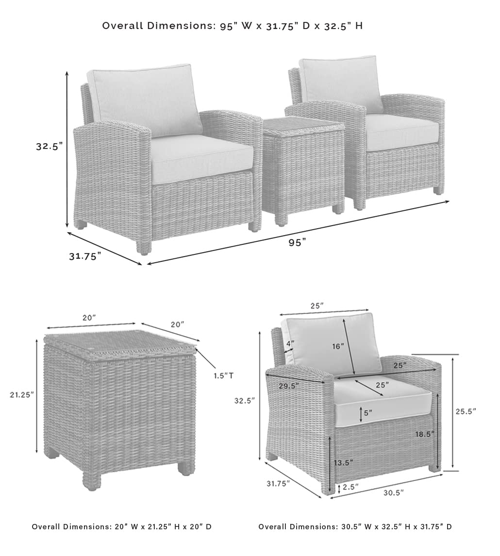 Crosley Furniture Bradenton 3-Piece Wicker Outdoor Chair Set with Side Table and Sunbrella Patio Cushions, Brown with Sunbrella Cushions