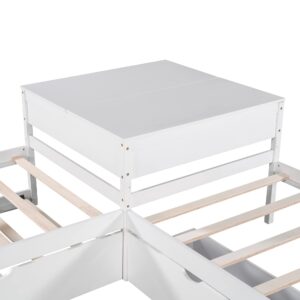 L-Shaped Twin Platform Bed Frame with Trundle and 2 Storage Drawers, Corner Wood Twin Platform Bed Frame Linked with Built-in Table for Kids Boys Girls Teens Adults, No Box Spring Need, White