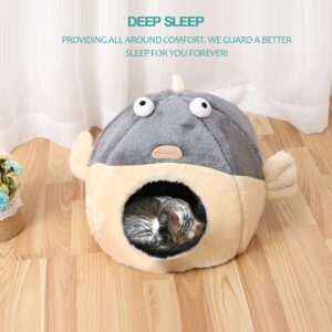 Cat Beds for Indoor Cats - Cat Bed Cave with Removable Washable Cushioned Pillow, Soft Plush Premium Cotton No Deformation Pet Bed, Lively Pufferfish Cat House Design, Grey, Multiple Sizes(M)