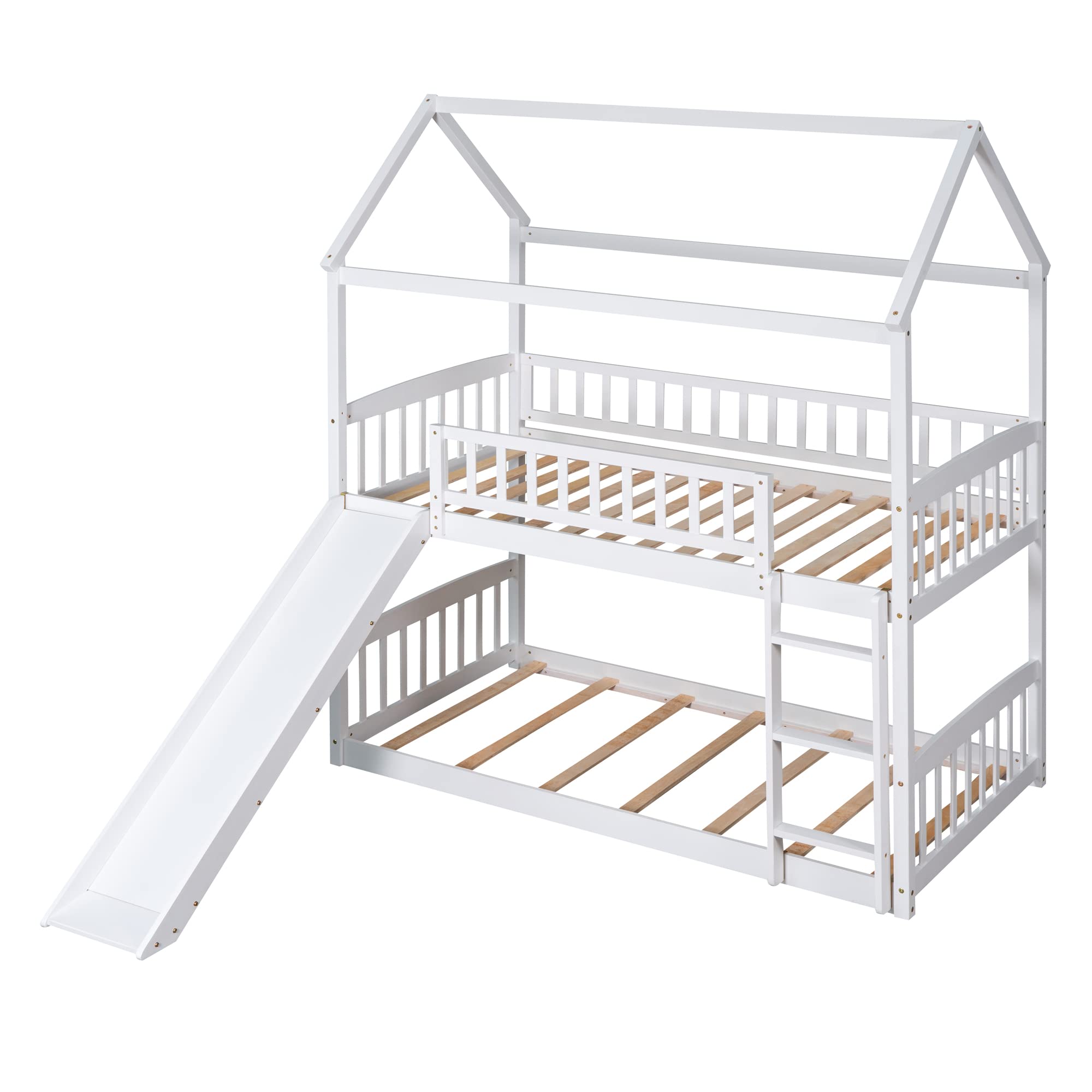 House Bunk Beds with Slide Twin Over Twin Floor Bunk Bed Frame Wood Playhouse Bunkbed with Storage for Kids Toddlers Girls/Boys, White