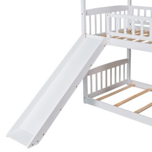 House Bunk Beds with Slide Twin Over Twin Floor Bunk Bed Frame Wood Playhouse Bunkbed with Storage for Kids Toddlers Girls/Boys, White